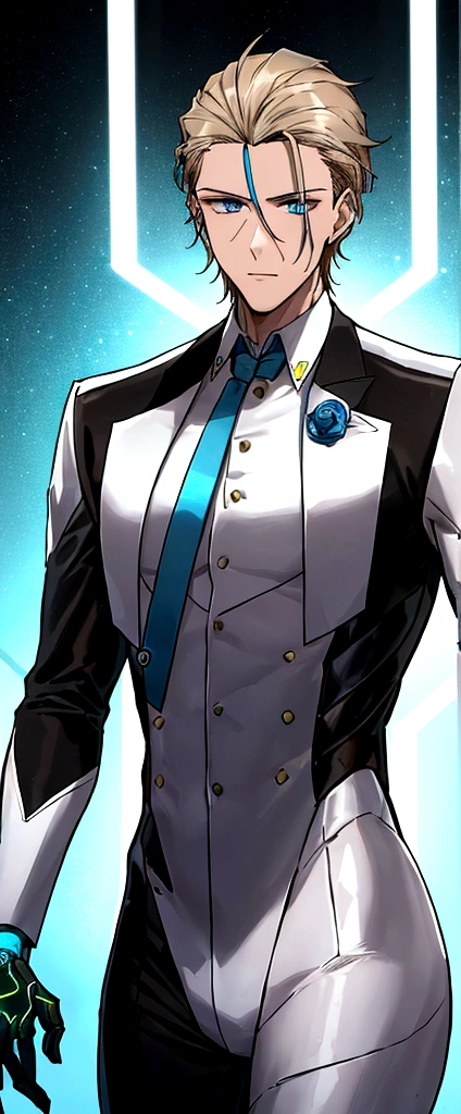 (masculine) (23 years) (a tall, slender young man with a muscular and toned body, His hair is light brown and is messy, covering his forehead., His eyes are blue and his skin is light-skinned..) (robotic body, fitted white suit with neon light blue details) (laboratory background, It is in an open capsule where it just comes out)