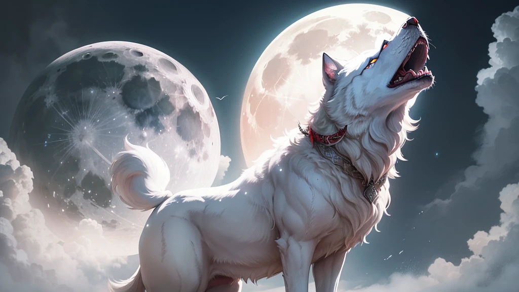 there is only a white wolf barking to the huge moon, his eyes are red, his mouth opened wide