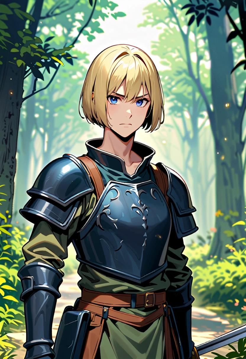 19-year-old male, dark blue eyes, blond long bob cut haircut, thin frame, 170 cm tall, worn medieval armor, long two-handed sword, adventurer, forest, alert, cautious, practical, determined, weary
