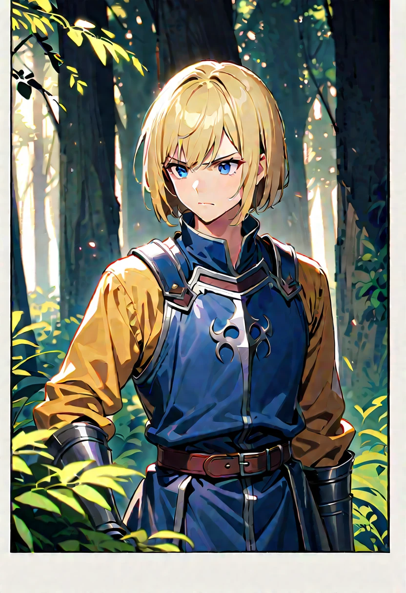 19-year-old male, dark blue eyes, blond long bob cut haircut, thin frame, 170 cm tall, worn medieval armor, long two-handed sword, adventurer, forest, alert, cautious, practical, determined, weary
