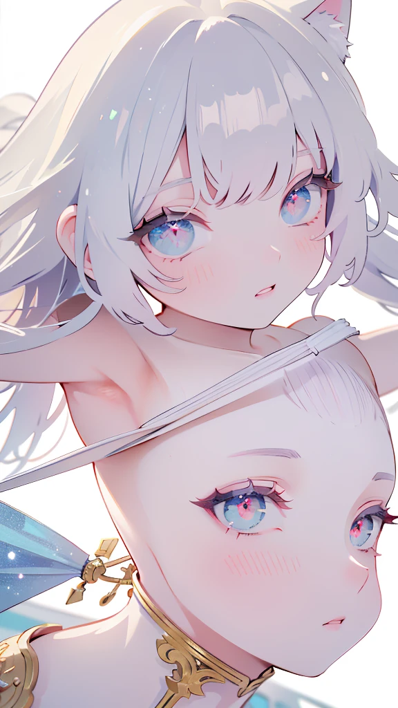 Tsundere 18 year old girl, beautiful and delicate eyes, beautiful lips, Highly detailed eyes and face, long eyelashes, 1 girl, white cat ears, long foot bag, Front view, red eyes, (top quality, 4K, 8K, high resolution, masterpiece:1.2), ultra detail, (realistic, realistic, realistic, realistic: 1.37), big bust, scythe, elegance, fantasy, soft lighting, white background, holding a weapon, swimsuit, I can see my armpits,