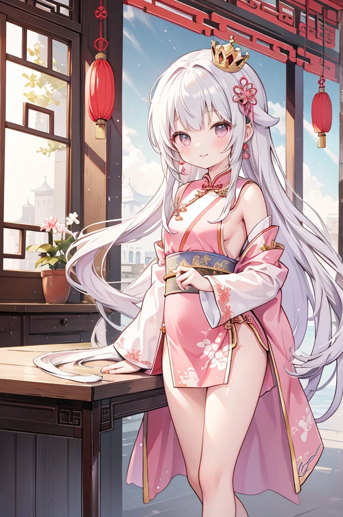 Highest quality, masterpiece, High resolution, One girl, ancient Chinese pink dress, Beautiful Face, Ancient Chinese Clothing, Bow without original photo, elegant, Noble, Crown, Thin legs, Fairy, hair accessory, alone, View your viewers, smile, shut up, lips, dress, hair accessory, necklace, jewelry, Long Hair, Earrings, architecture, east asian architecture((Toddler girl)) ((5 years old))((naked)) ((nsfw))Long Hair