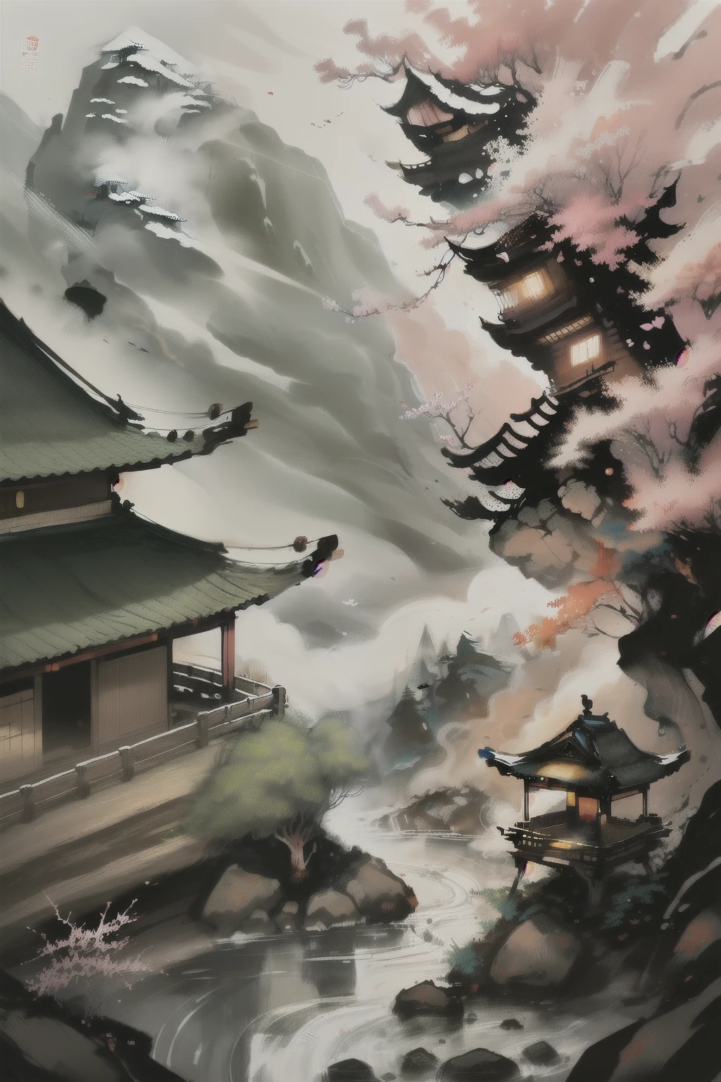 Chinese martial arts style, with vast sky, in the forest, mountain side, cliffs, ink wash style, outline light, atmospheric atmosphere, depth of field, mist rising, bamboo, pine trees, cherry blossoms, spring, stone pavilions, waterfalls, ink