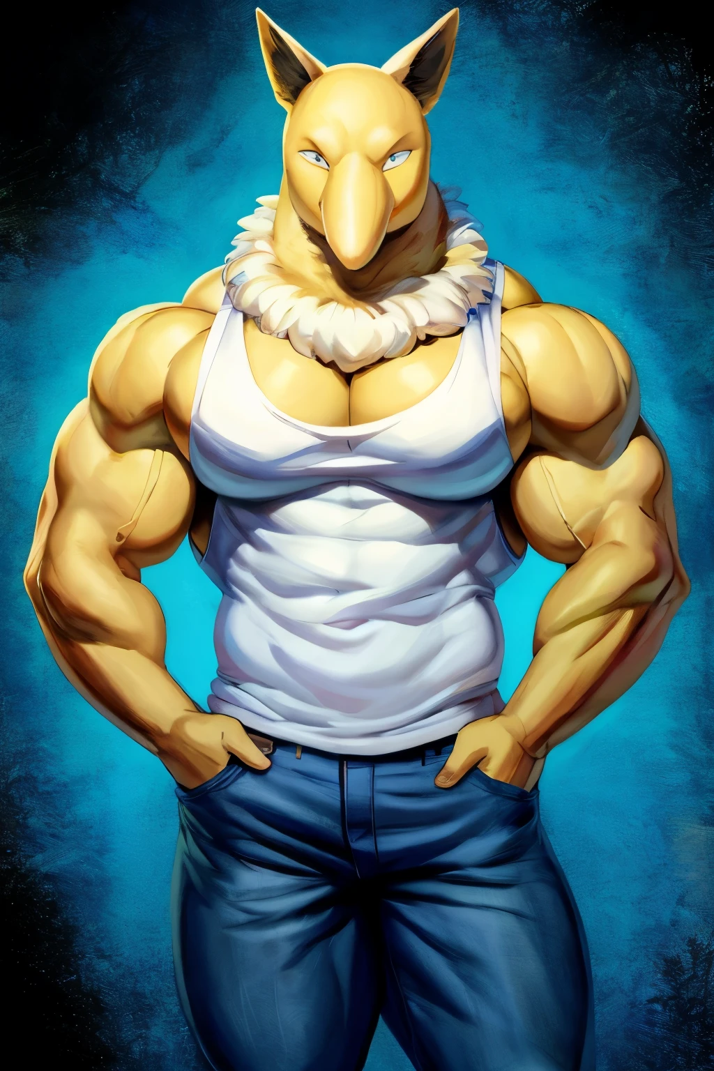 Furry, Anthro, solo, Hypno, Male, (((muscular body, massive thighs, massive male pectorals, fluffy neck))), ((((massive biceps, wide-eyed, looking at viewer, hand in pockets)))), ((((((massive bulky torso)))))), (((wearing jeans, wearing full white tanktop))), black/yellow spraypainted background, by buta99, by meesh, (((digital painting)))