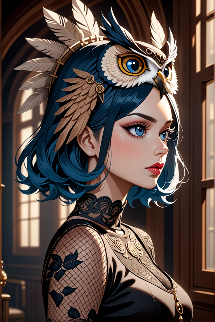 3/4 view, Woman Madara Naruto + Arlequina sexy big ass wearing an (owl headdress), looking away, [Surrealism | Pop Surrealism | Lowbrow Art], [Photography | Digital Painting], in the style of [Brian Viveros | Mark Ryden | Audrey Kawasaki], [rich colors | intricate details], inspired by [Film Noir | Gothic Sensual decote tshirt Short rasgada withe black  sexy decote melancholic woman with intense blue eyes, wearing a detailed and realistic owl headdress, dramatic shadows, intricate feather textures, high contrast, mysterious atmosphere, fine detailing, soft focus, 8k, trending on ArtStation. by Satori Canton🧸
