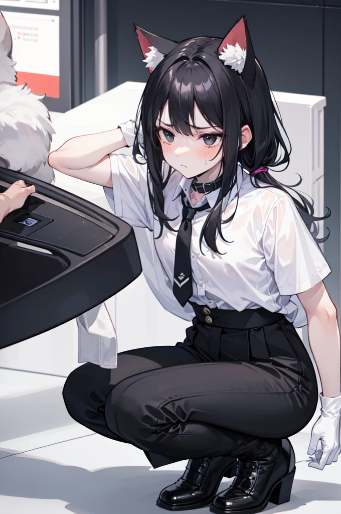 A 18-year-old boy, white and tender skin, cute, wearing white short-sleeved shirt, black jacket and black work tie, black trousers, black booties, white gloves, collar, black hair,wear cat ears, black eyes, thin waist, thin legs, handsome, disdainful and indifferent expression, shy, blush a lot, afraid, sweating, tired, pornography, Pornographic action,kneel down