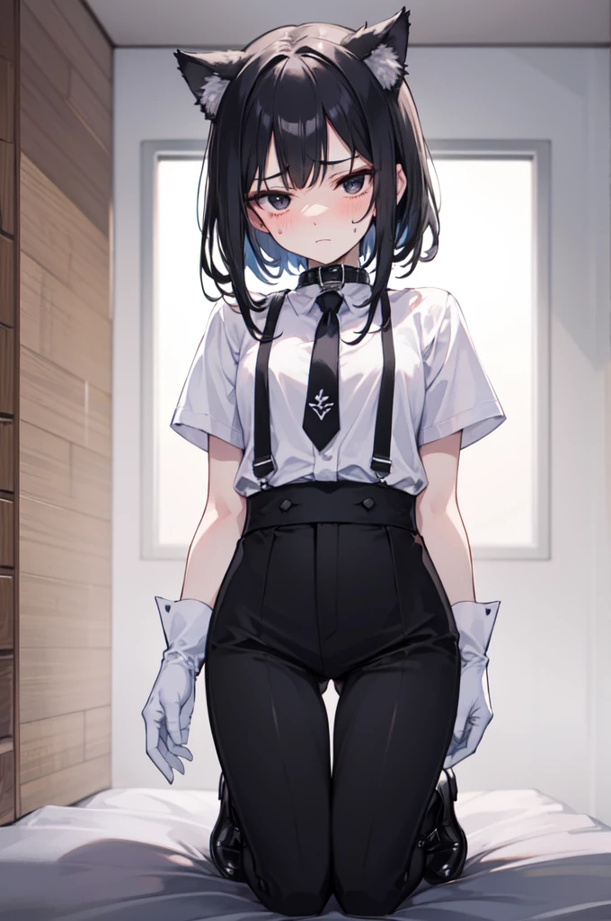 A 18-year-old boy, white and tender skin, cute, wearing white short-sleeved shirt, black jacket and black work tie, black trousers, black booties, white gloves, collar, black hair,wear cat ears, black eyes, thin waist, thin legs, handsome, disdainful and indifferent expression, shy, blush a lot, afraid, sweating, tired, pornography, Pornographic action，kneel down