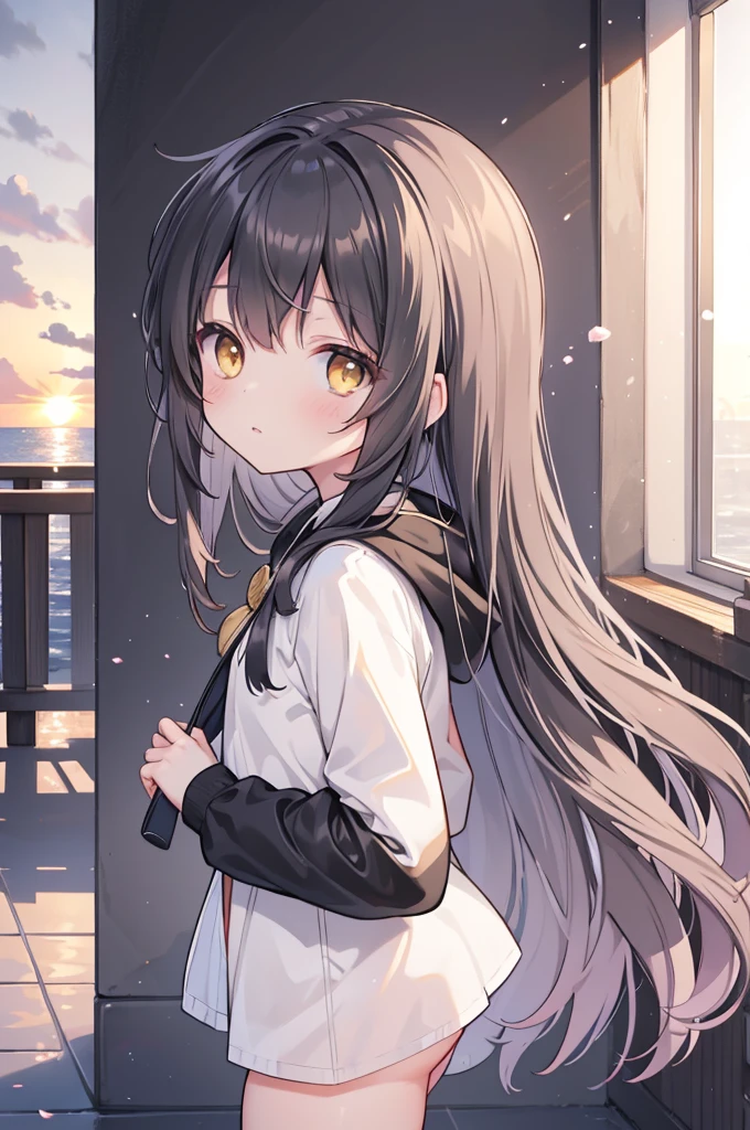 Medium Shot, Medium Shot, Depth of written boundary, bust, Upper Body, Movie angle, masterpiece, Highest quality, Very detailed, CG, 8k wallpaper, Pretty face, Delicate eyes, country々, alone, 白いLong Hair, Yellow Eyes, hairpin, White shirt, black hooded jacket, Black baseball cap, Black Stockings, Black knee-high boots, sunset, 中世のport, port, Detailed water surface, Sun reflection((Toddler girl))　((5 ))((naked))　((nsfw))Long Hair