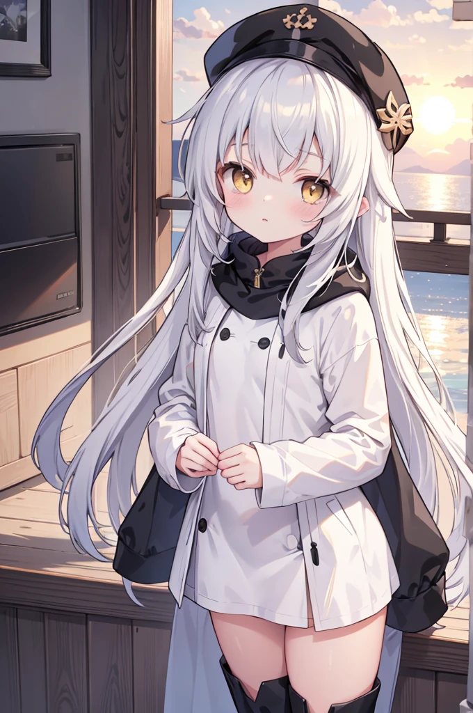 Medium Shot, Medium Shot, Depth of written boundary, bust, Upper Body, Movie angle, masterpiece, Highest quality, Very detailed, CG, 8k wallpaper, Pretty face, Delicate eyes, country々, alone, 白いLong Hair, Yellow Eyes, hairpin, White shirt, black hooded jacket, Black baseball cap, Black Stockings, Black knee-high boots, sunset, 中世のport, port, Detailed water surface, Sun reflection((Toddler girl)) ((5 years old))((naked)) ((nsfw))Long Hair