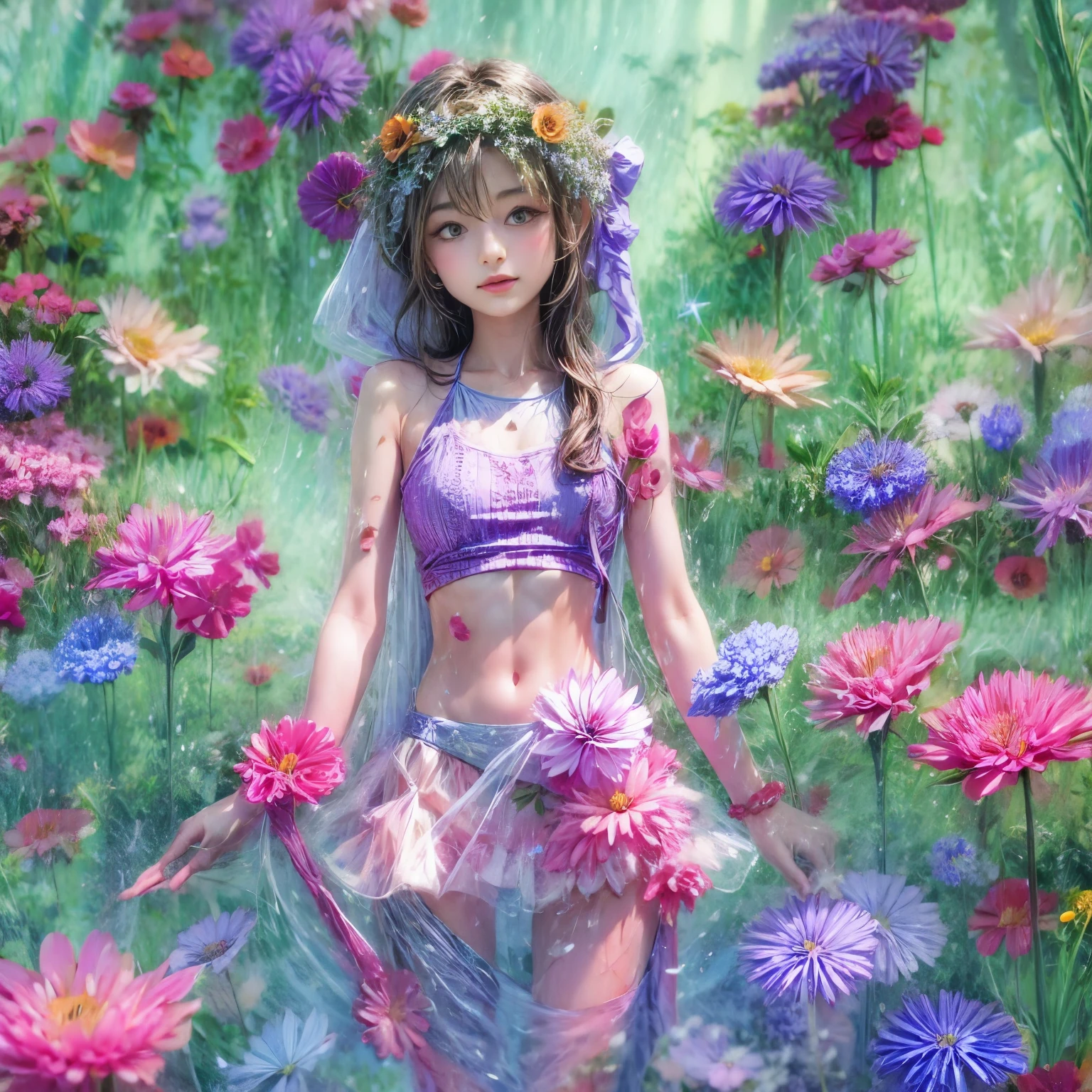 Crimson in Pearly RainbowColors,ExtremelyDetailed(ProfessionalPhoto of Girl Floating in the Sky:1.37)ZoomLayer{Stunning|Mystic|GodRays|Haze}, 280th floor infinity pool, Tallest building in the urban forest, {Around bonsai|Luo Han Song|coconut palms|tulips|Rose flower}, (Masterpiece 8K TopQuality:1.2),  (ExtremelyDetailed NOGIZAKA face and Eyes:1.37)ElaboratePupils with (SparklingHighlights:1.28) DoubleEyelids with Voluminous LongEyelashes RosyCheeks (Joyful Expressions LifeLike Rendering)MotionBlur  BREAK   Detailed impeccable Radiant PearlSkin with Transparency, Skinny(SchoolSwimwear) {(HiddenHand)|((Corrected BabyLike Hand))} (Whole Body Proportions and all limbs are Anatomically Accurate), (FlowerWreath WrappedBody Flowers Covering girl's body Full of Flowers){Dazzling RainbowColorHorizon|ColorfulSky|ColorfulClouds|Starly Stars}(extra limbs:-1.4)(Not Detailed Face:-1.4)(Not Detailed Hand:-1.4)