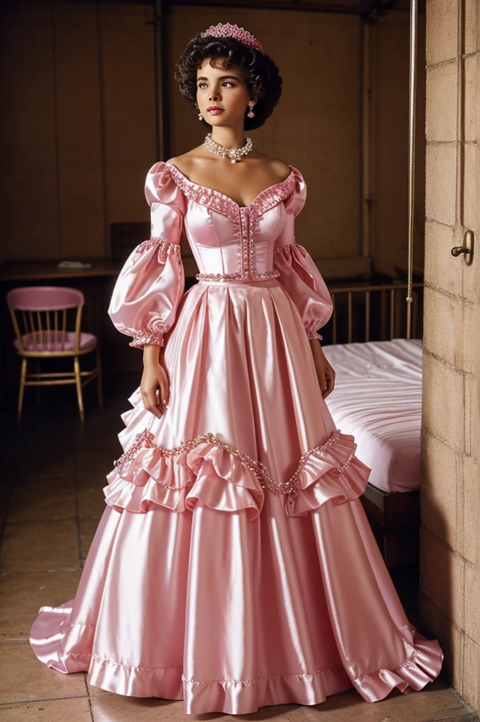 girl in 80s style shiny satin pink ballgown, ruffled skirt , fitted bodice with frils, embroidered beads, translucent breast saddle, pearl pendants, high collar, long puffed sleeves, high heels, standing, hands behind back, basement, bed, chained, view whole figure
