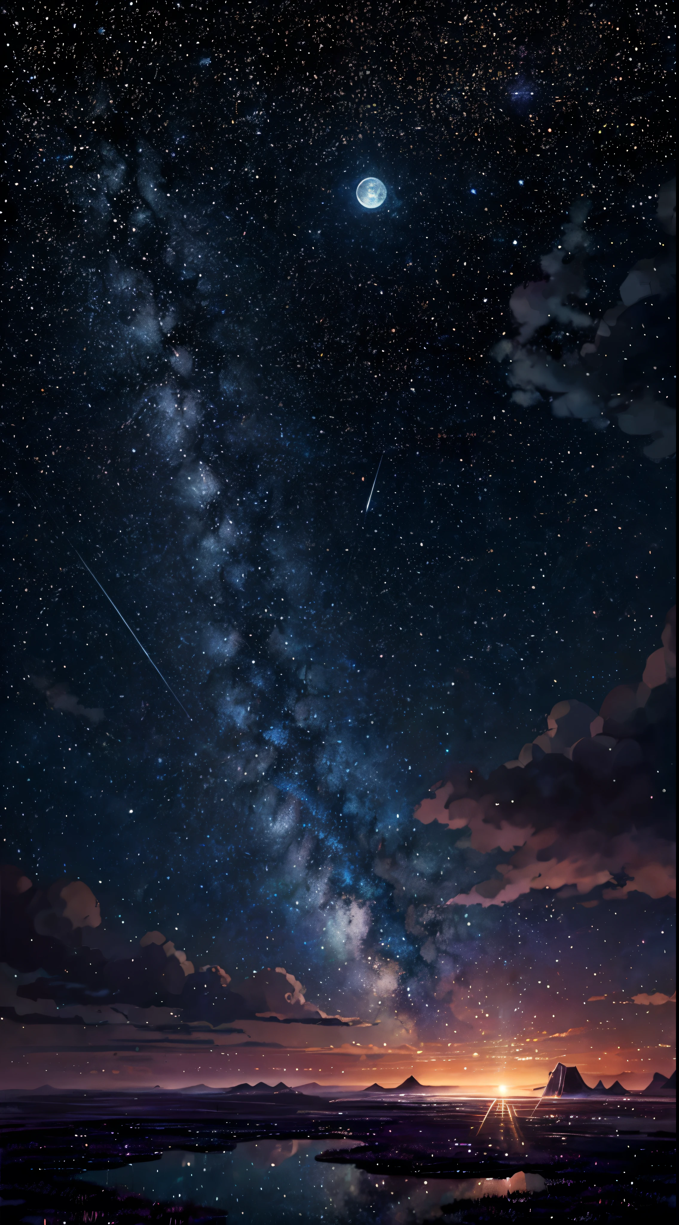A highly condensed beauty dressed in a painting of stars and moons in the river and sky, concept art inspired by Tosa Mitsuoki, pixiv competition winner, best quality, fantasy art, beautiful anime scenes, a round of bright moon, starry sky environment in the moonlight, dream painting, anime background art, dream landscape art, fantastic night, anime background, background artwork, fantastic art, atmospheric anime, starry sky, detail enhancement.  