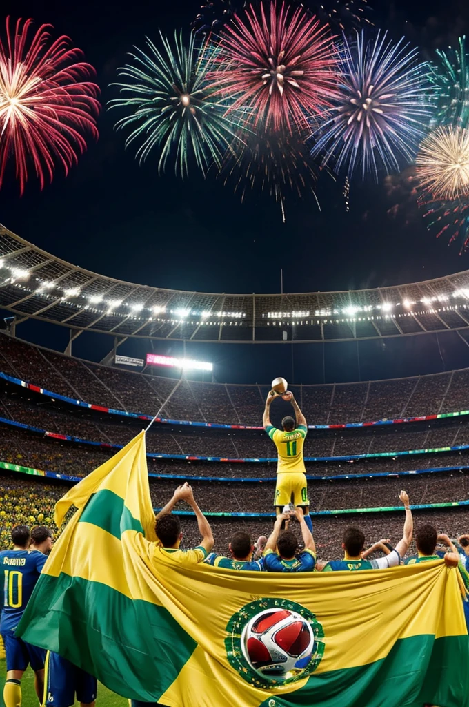 "Generate an image depicting the final moments of the 2026 FIFA World Cup final, with Brazil's national football team celebrating their victory over Argentina. The scene should showcase Brazilian players lifting the trophy amidst a backdrop of jubilant fans waving Brazilian flags and fireworks lighting up the sky. In contrast, include a group of dejected Argentine players, showing expressions of disappointment and disbelief. The stadium should be vibrant with the colors of both nations, capturing the intensity and drama of this historic football rivalry on the grandest stage."