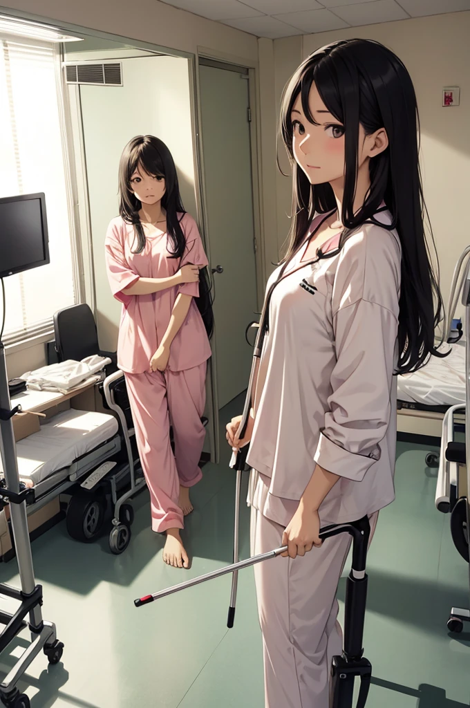 One Mom、Long Hair、Hospital room、crutch、He is trying to practice walking at the hospital.、A look of hard work、In pajamas
