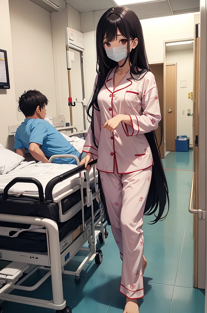 One Mom、Long Hair、Hospital room、crutch、He is trying to practice walking at the hospital.、A look of hard work、In pajamas