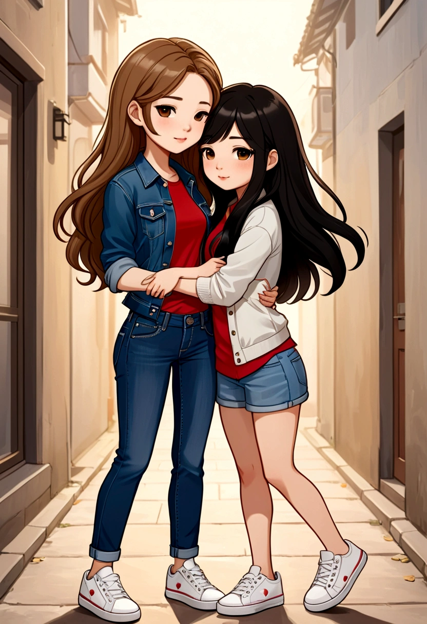 Two beautiful chibis womwn very much in love, one is British with light brown hair and the other is a beautiful Asian with long black hair. They both dress casual and modern, in jeans and sneakers. They are embraced tenderly
