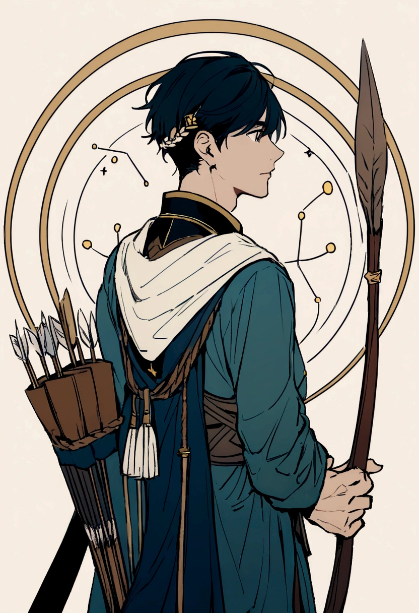 "Create an image of a boy symbolizing Sagittarius. He should have a bow and arrow, representing the archer. He could be wearing a tunic and have a quiver of arrows on his back. The background should feature elements of the night sky, possibly with the constellation of Sagittarius visible. The boy should look adventurous and confident, with a hint of mystical or celestial elements."