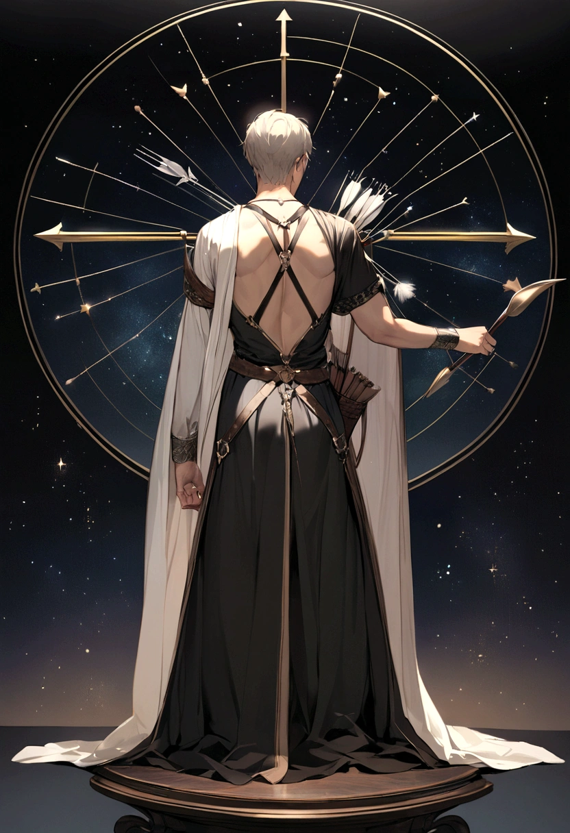 "Create an image of a boy symbolizing Sagittarius. He should have a bow and arrow, representing the archer. He could be wearing a tunic and have a quiver of arrows on his back. The background should feature elements of the night sky, possibly with the constellation of Sagittarius visible. The boy should look adventurous and confident, with a hint of mystical or celestial elements."