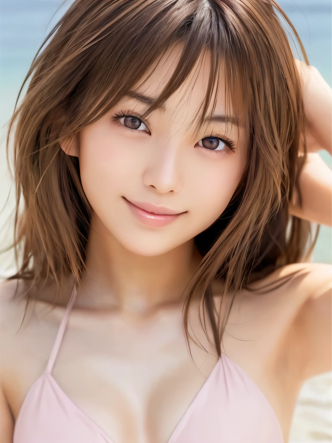 young beautiful japanese woman,, Light shiny brown messy medium length hair, Wearing a light pink bikini, Perfect dynamic composition, Beautiful Eyes, Fine hair, Detailed and realistic skin texture, A gentle smile, Model Body Type、whole body、