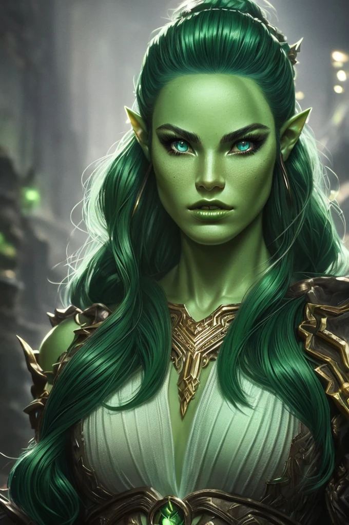 a Green Orc Female, light green skintone, beautiful detailed eyes, beautiful detailed lips, extremely detailed face, long eyelashes, green satin button shirt, fantasy, hyper detailed, 8k, high quality, cinematic lighting, vibrant colors, dramatic lighting, by greg rutkowski