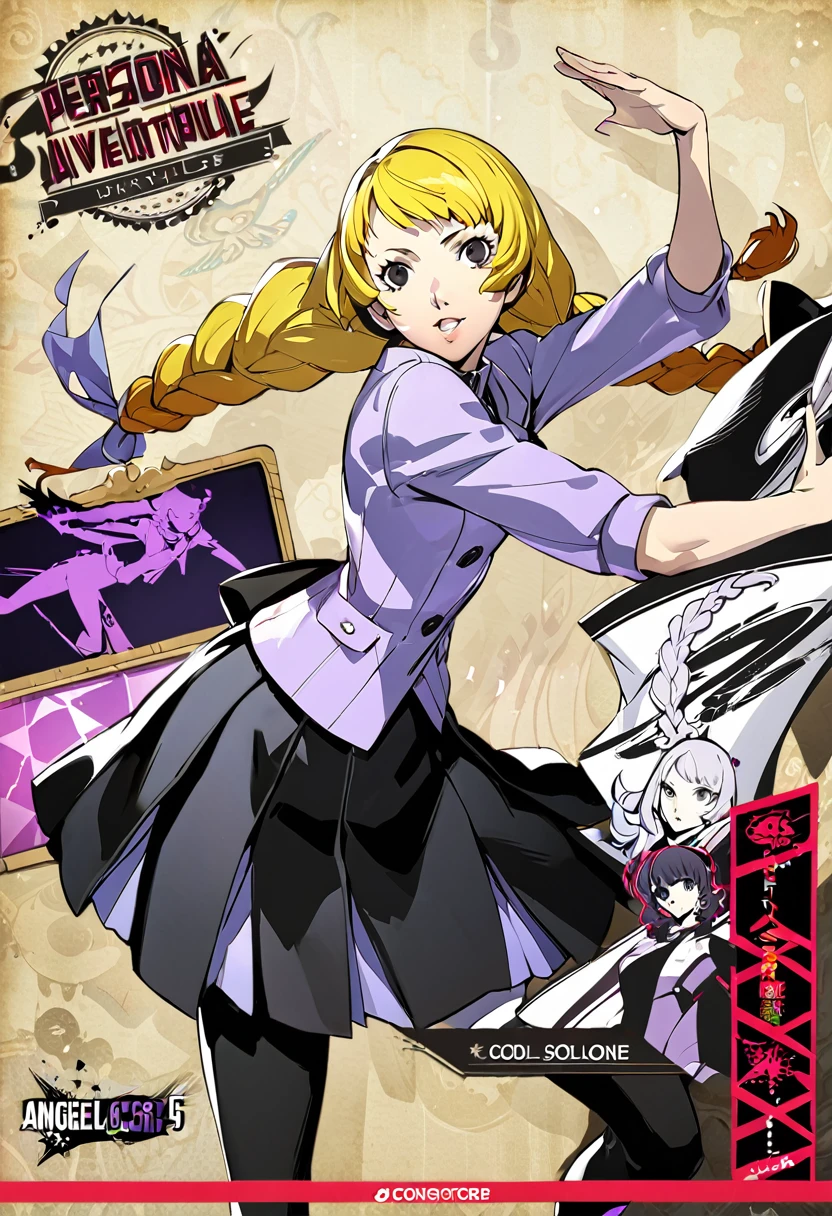 eautiful girl, long braids, cold blonde hair, black eyes, teen, Persona5 character, Taiga Asaki ,masterpiece, meilleure qualité, pose dynamic, pretty, lavender color, side bangs, idol, character concept art, angelic, shujin academy, skirt