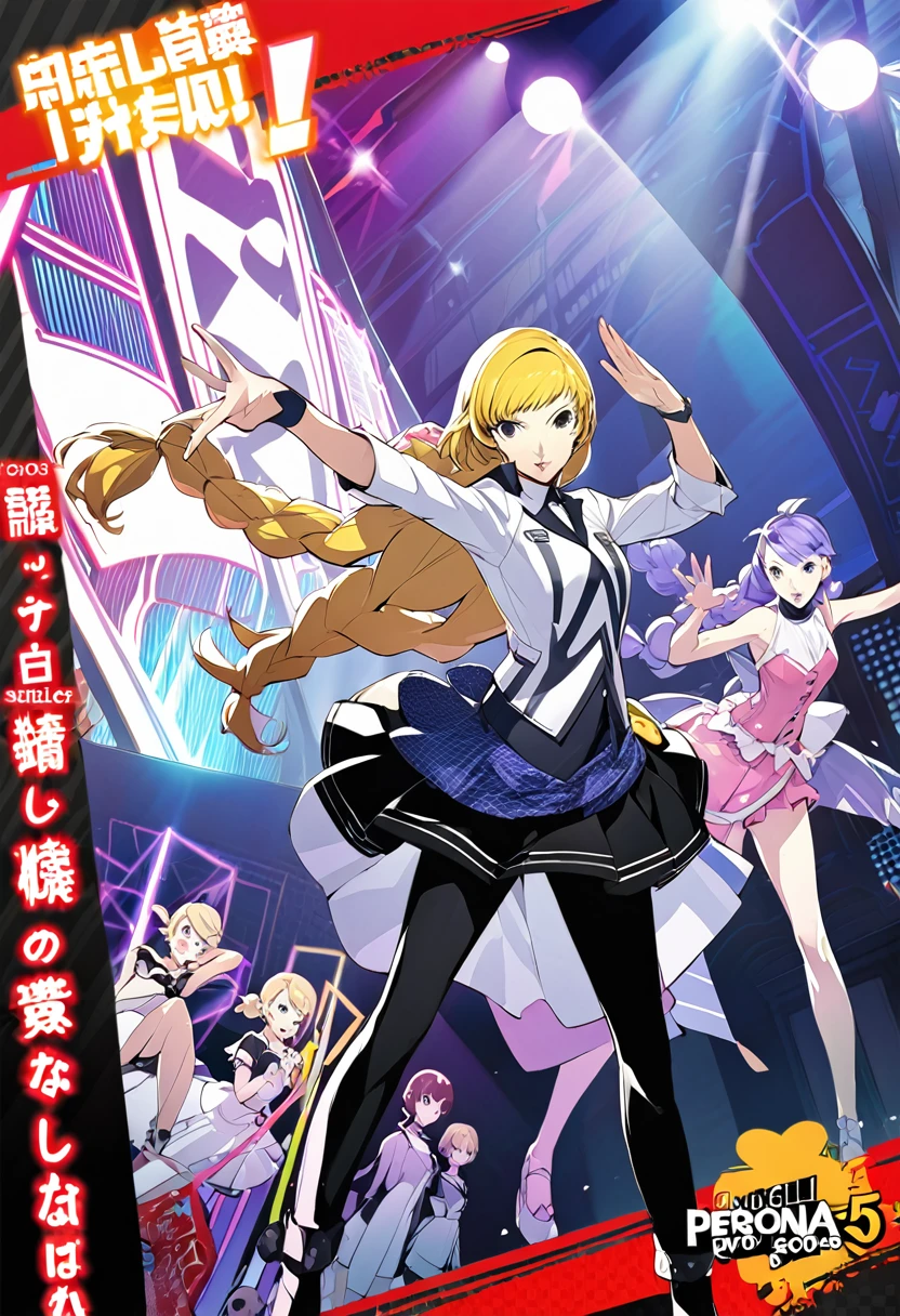 eautiful girl, long braids, cold blonde hair, black eyes, teen, Persona5 character, Taiga Asaki ,masterpiece, meilleure qualité, pose dynamic, pretty, lavender color, side bangs, idol, character concept art, angelic, shujin academy, skirt