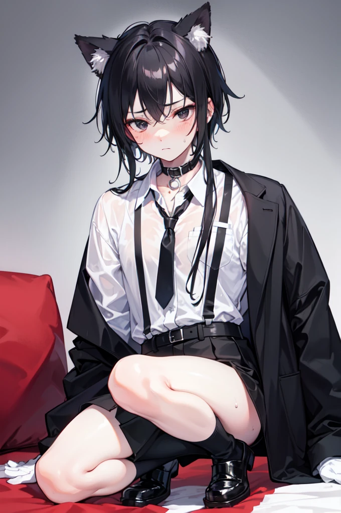 A 18-year-old boy, white and tender skin, cute, wearing white short-sleeved shirt, black jacket and black work tie, black trousers, black booties, white gloves, collar, black hair,wear cat ears, black eyes, thin waist, thin legs, handsome, disdainful and indifferent expression, shy, blush a lot, afraid, sweating, tired, pornography, Pornographic action，kneel down