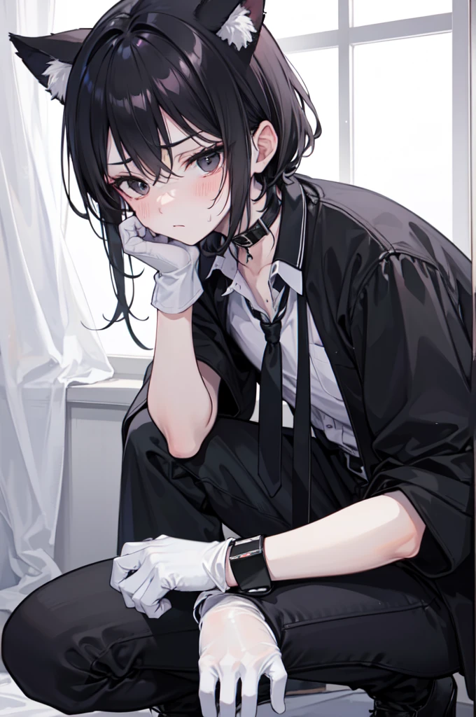 A 18-year-old boy, white and tender skin, cute, wearing white short-sleeved shirt, black jacket and black work tie, black trousers, black booties, white gloves, collar, black hair,wear cat ears, black eyes, thin waist, thin legs, handsome, disdainful and indifferent expression, shy, blush a lot, afraid, sweating, tired, pornography, Pornographic action,kneel down