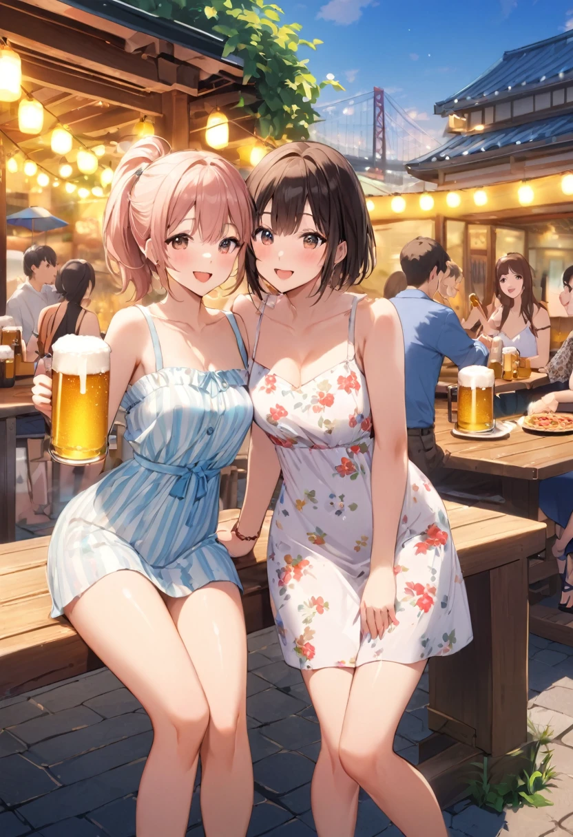 Highest quality、High resolution、Detailed Background、Beautiful face in every detail、Beautiful girl in her 20s、Highly detailed face、Cute hair colour、ponytail、Bobcut、Perfect body line、
(Two women having a good time with friends in a beer garden with beautiful views of Tokyo Bay:1.5)、drinking beer、
Going to a beer garden with friends and family can make for a more enjoyable atmosphere.、
You can enjoy delicious food along with your beer.、
sausage、potato、Pizza etc.、Choose a dish that goes well with beer、
A light summer dress is recommended.、Enhance your femininity with floral prints and one-piece dresses、For your feet, it is a good idea to choose cool, comfortable shoes such as sandals or espadrilles.、very beautiful