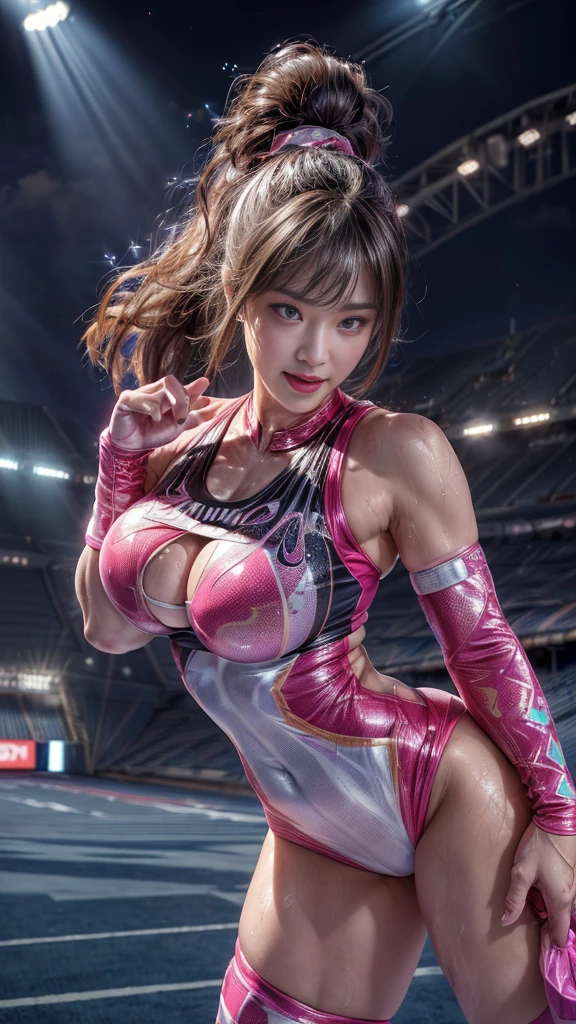 Female professional wrestler、Fighting Pose、tall、smile、((On the Ring))、((Spotlight))、(((large stadium)))、((Super big breasts))、((Ultra tight uniform))、Wristband、(((A flashy costume with a bizarre pattern)))、((Elbow Support))、((Knee support))、I can see your abuscular、Hairstyle with bangs、((Sweat))、((Match venue))、Very beautiful woman、((Female Athletes))、(Detailed face)、Realistic Skin、((Delicate photo))，(Girl Masterpiece RAW Photo Details:1.25), (Highest quality:1.6), (Ultra-high resolution:1.5), (Realistic:1.75), 8K resolution,50mm, Absurd, Ultra-detailed,Cinema Lighting、