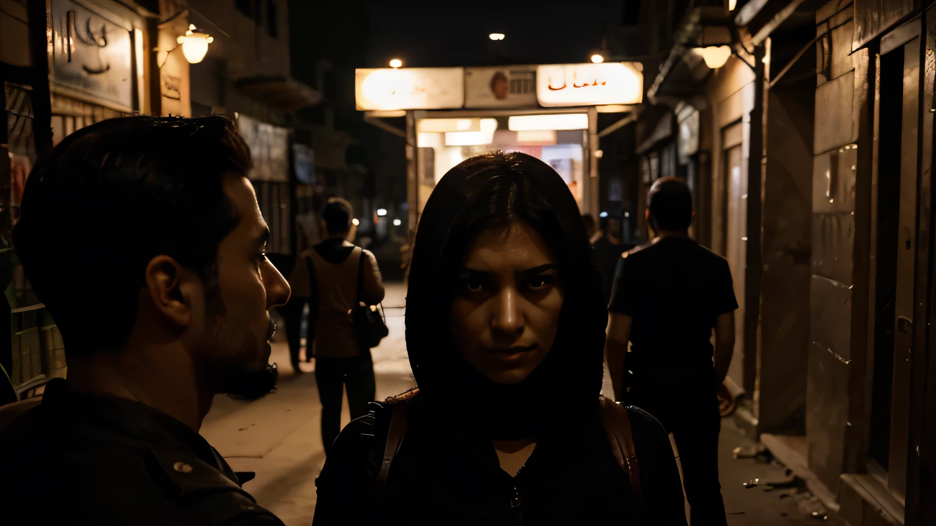 A twenty-five-year-old man, from Cairo, stands with a knife in his hand in a dark night street in New Cairo. He looks at a woman and threatens her. A twenty-five-year-old woman stands in front of him, looking at him, frightened, with a screaming expression, wide-angle, Rear photography shows the man in the back and the woman in front of him looking at him and the camera, high quality, dark cinematography, precise anatomy free of distortions, preservation of details, depth in the image