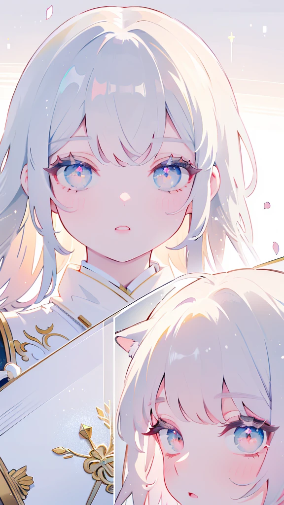 Tsundere 18 year old girl, beautiful and delicate eyes, beautiful lips, Highly detailed eyes and face, long eyelashes, 1 girl, white cat ears, long foot bag, Front view, red eyes, (top quality, 4K, 8K, high resolution, masterpiece:1.2), ultra detail, (realistic, realistic, realistic, realistic: 1.37), big bust, elegance, fantasy, soft lighting, white background, buff
