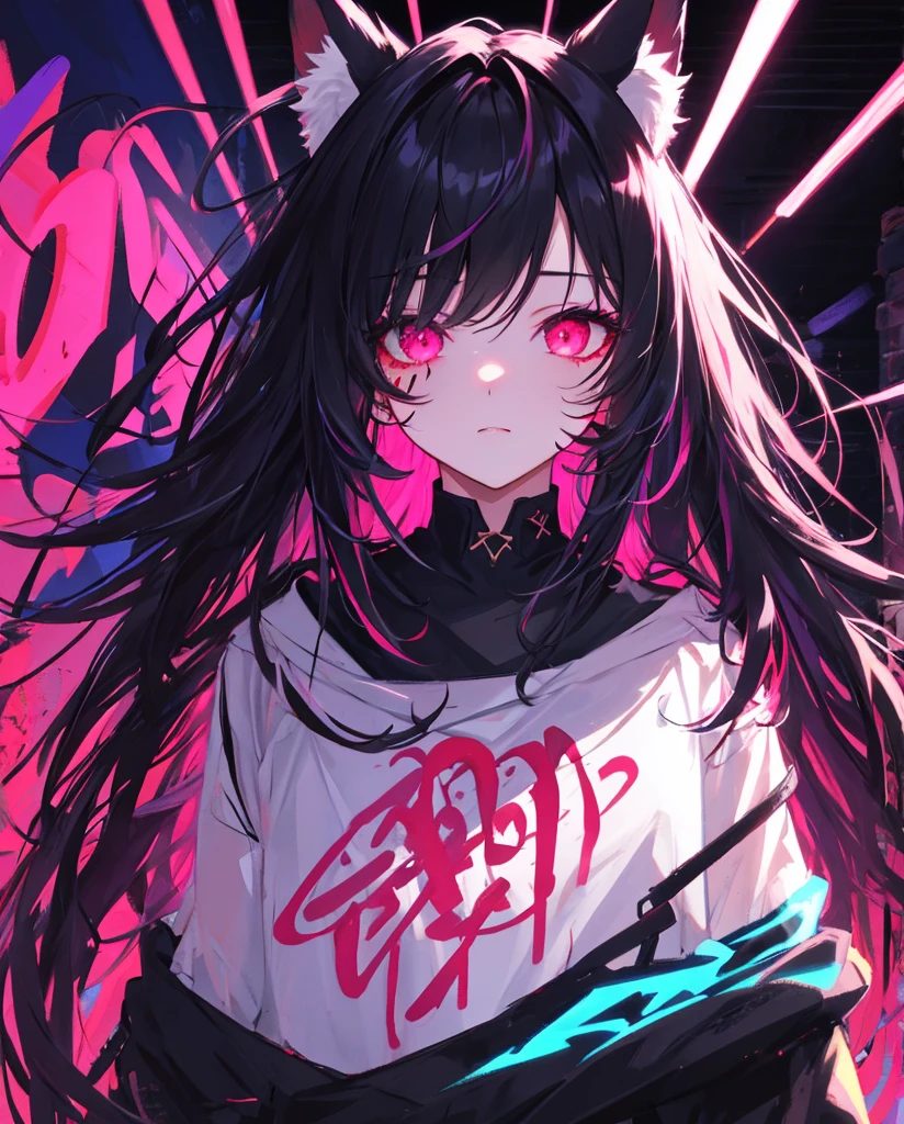 best quality, intricate details, chromatic aberration, 1girl, long hair, black hair, messy hair, pink highlights, hair over one eye, red eyes, sharp eyes, choker, neon shirt, torn legwear, open jacket, against wall, brick wall, graffiti, glowing grafiti, glowing tattoos, glow, neon lights, blacklight, neko ears, fox tail