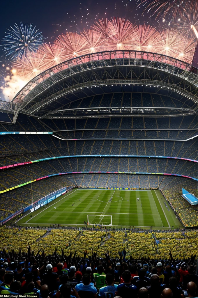 Certainly! Here's a prompt for generating an image depicting Brazil winning the 2026 World Cup against Argentina:
"Generate an image depicting the final moments of the 2026 FIFA World Cup final, with Brazil's national football team celebrating their victory over Argentina. The scene should showcase Brazilian players lifting the trophy amidst a backdrop of jubilant fans waving Brazilian flags and fireworks lighting up the sky. In contrast, include a group of dejected Argentine players, showing expressions of disappointment and disbelief. The stadium should be vibrant with the colors of both nations, capturing the intensity and drama of this historic football rivalry on the grandest stage."