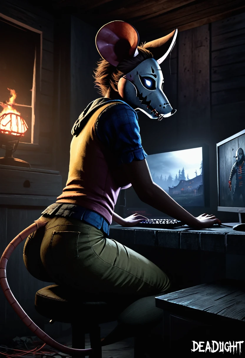 An unmasked rat woman playing Dead By Daylight on a gaming computer, realistic styling, new