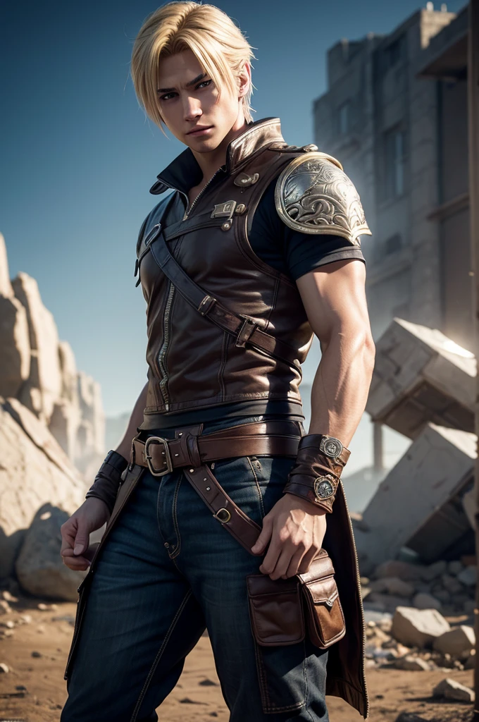a young man with blonde hair and brown eyes, final fantasy 16 character, ultra realistic, 8k, full body, highly detailed, intricate details, photorealistic, volumetric lighting, cinematic lighting, dramatic lighting, dramatic pose, heroic, epic, cinematic, masterpiece