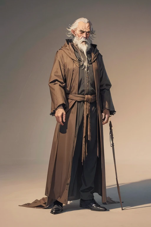 cantankerous grumpy old wizard, skinny, lanky, long ruffled whispy hair
