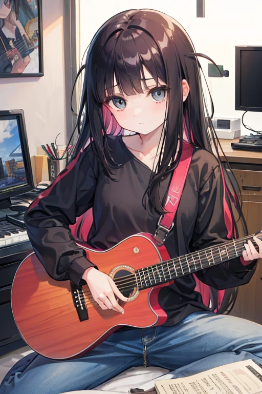 (work of art, maximum quality) 1 girl,13 year old , musical instrument shop, alone , black blouse , brown dark eyes , holding a giaannini guitar ,black headphones, sit down, containment, guitar pick, instrument, long hair, music , jeans, hinterland , com objetos de アニメs no fundo , dynamic angle , not a room , Bblack hair , アニメ ,  Brunetette ,wavy hair  , without bangs ,