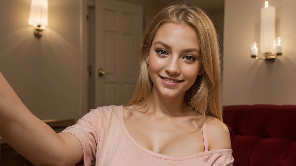Lily Bowman), posing, modeling full body, with pink casual outfit design, sexy smile, best quality, blur night background with Green Eyes, , Ultra Realistic, Meticulously Detailed, Portrait, Blonde Hair and Big Eyes, Selfie of a Young Woman, Green Eyes, No Makeup, Natural Makeup, Looking Directly at the Camera, face artgram, subtle make-up, Impressive photo, stand, with sexy smile, Medium and large size chest, allowing the face to be seen clearly, night