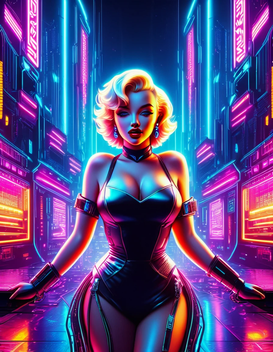 Marilyn Monroe in a cyberpunk setting, with neon lights, metallic textures, and a high-tech, futuristic vibe. Hyper-realistic photo, vibrant colors, 16k