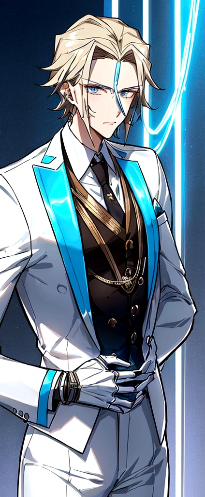 (masculine) (23 years) (a tall, slender young man with a muscular and toned body, His hair is light brown and is messy, covering his forehead., His eyes are blue and his skin is light-skinned..) (robotic body, fitted white suit with neon light blue details) (laboratory background with some cables)