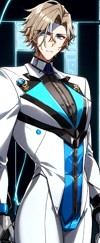 (masculine) (23 years) (a tall, slender young man with a muscular and toned body, His hair is light brown and is messy, covering his forehead., His eyes are blue and his skin is light-skinned..) (robotic body, fitted white suit with neon light blue details) (laboratory background with some cables)