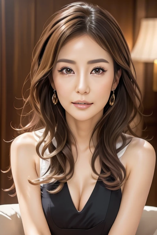 (8K, RAW Photos, Highest quality, masterpiece: 1.2), (Realistic, photo-Realistic: 1.37), Super detailed, 50 year old Japanese high class hostess、Night butterflies、(gorgeous long blonde hair:1.4)、Golden Dress、dark purple eyeshadow、Thick eyebrows、Thick black eyeliner、Eyes highlighted with eyeliner、False eyelashes、mascara、Brown eyes、Staring at the audience、Bust up photo、 The moment you kiss me、ass pov,