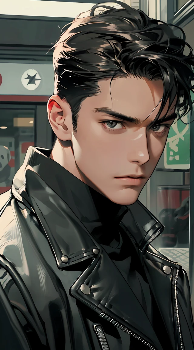 a handsome man in a black leather jacket, in a convenience store, ready for action, trunk, close up,Biker (looking at the camera), (Candid, amator), (cru, 8K, ultra HD, Fujifilm XT3),