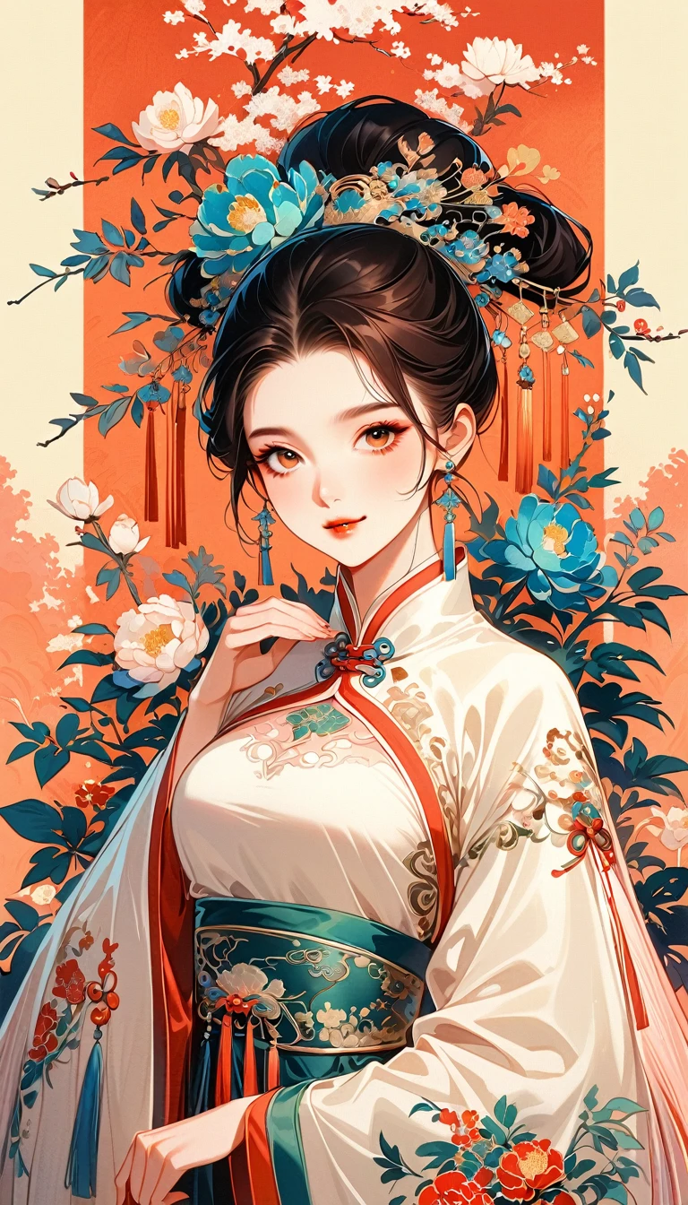 A beautiful young woman in traditional Chinese attire, sweet smile, from front, eyes look at other side, fashion pose, charming and attractive sexy pose, surrounded by a lush garden. gazing at it with gentle eyes. The woman's hair is styled in an elaborate updo adorned with flowers and traditional ornaments. Her dress is elegant, pink and white color tone, featuring fine silk with floral embroidery. The garden is in full bloom, with peonies and other flowers providing a backdrop. The scene captures the serenity and beauty of classical Chinese art, with a touch of nature harmony, (((Ultra-high saturation, high natural saturation, extremely bright colors)))