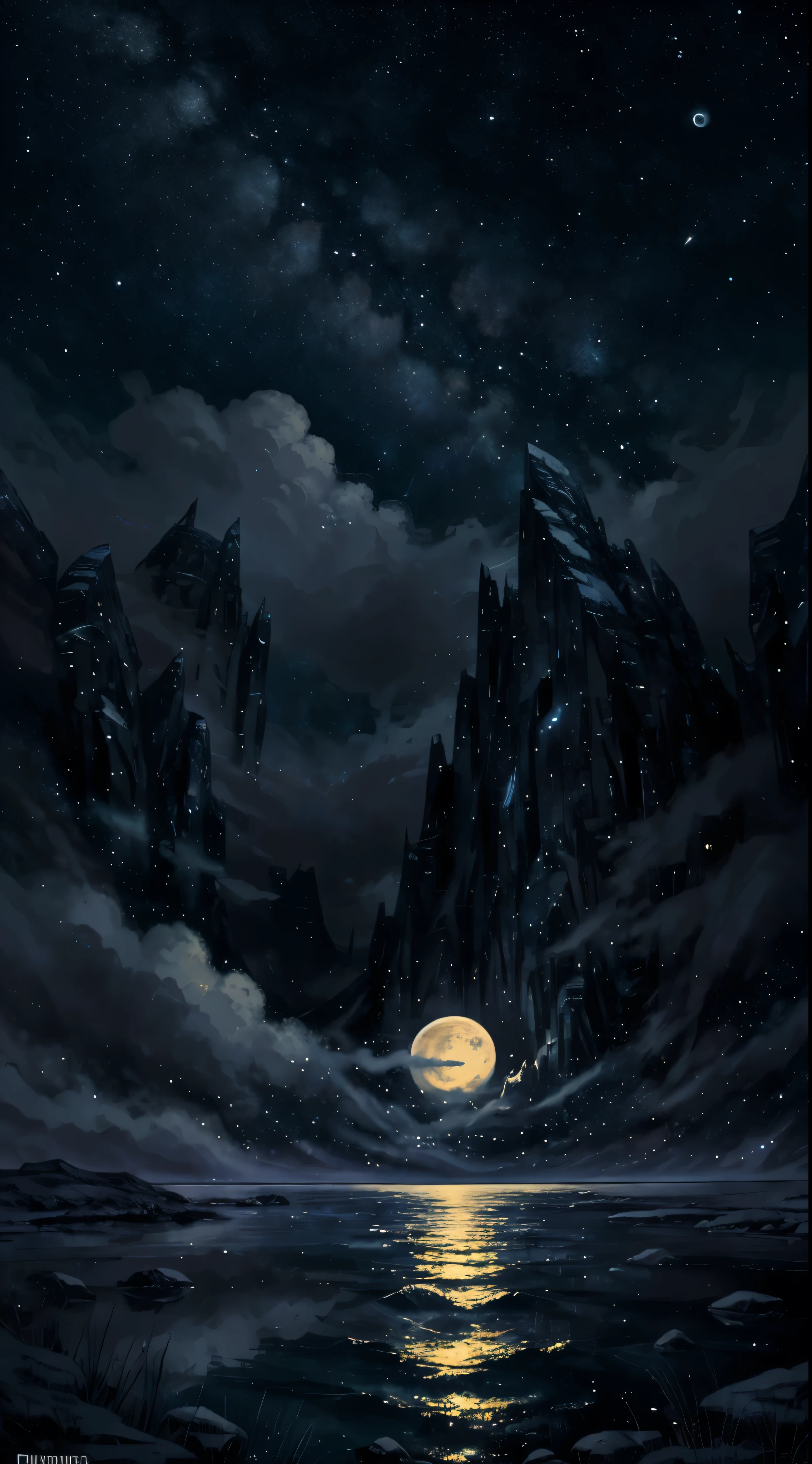 A highly condensed beauty dressed in a painting of stars and moons in the river and sky, concept art inspired by Tosa Mitsuoki, pixiv competition winner, best quality, fantasy art, beautiful anime scenes, a round of bright moon, starry sky environment in the moonlight, dream painting, anime background art, dream landscape art, fantastic night, anime background, background artwork, fantastic art, atmospheric anime, starry sky, detail enhancement.  