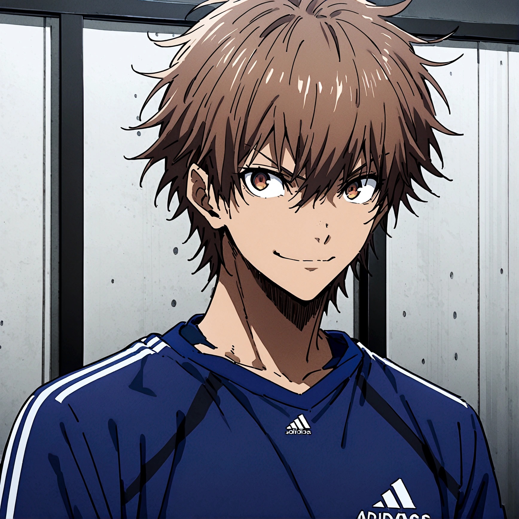 1boy, lion eyes, Vestindo a camisa da seleção da Espanha da Adidas, Sentado no centro do campo, brown eyes, fashionable hair, brown hair, red shirt, number 11, looking at the side, upperbody, messy hair, detailed eyes, {brown skin}, {smirk}, masterpiece, best quality, {{{long hair}}}