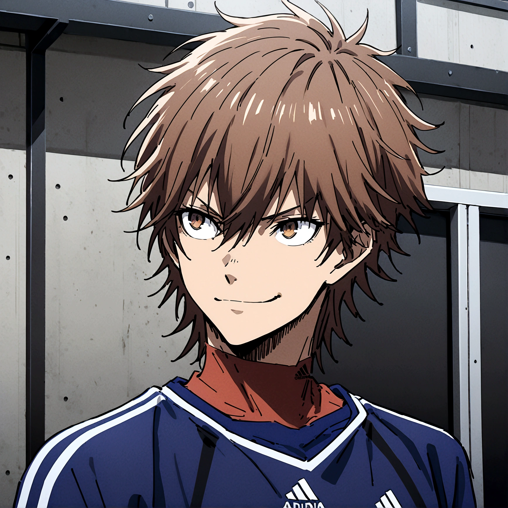 1boy, lion eyes, Vestindo a camisa da seleção da Espanha da Adidas, Sentado no centro do campo, brown eyes, fashionable hair, brown hair, red shirt, number 11, looking at the side, upperbody, messy hair, detailed eyes, {brown skin}, {smirk}, masterpiece, best quality, {{{long hair}}}