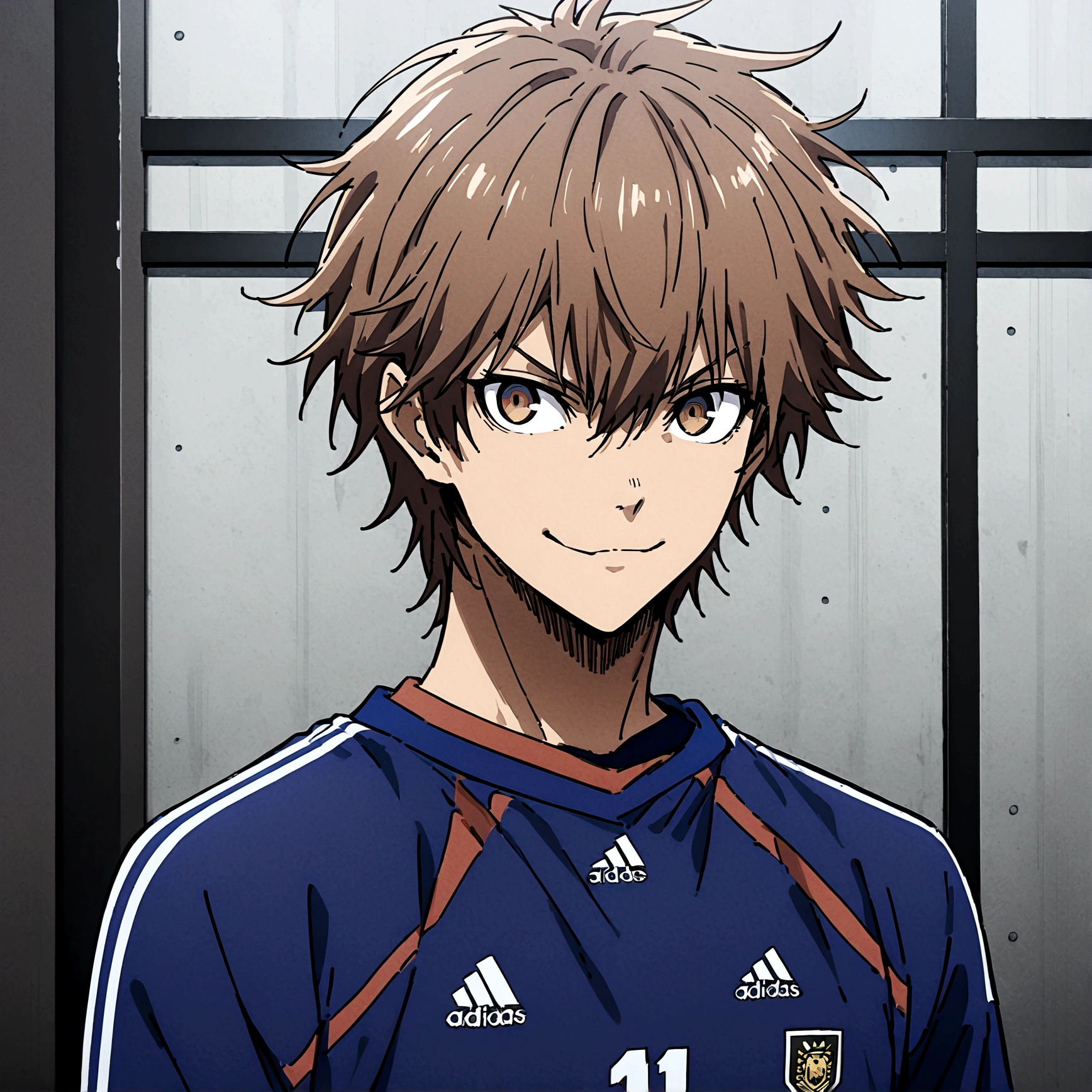 1boy, lion eyes, Vestindo a camisa da seleção da Espanha da Adidas, Sentado no centro do campo, brown eyes, fashionable hair, brown hair, red shirt, number 11, looking at the side, upperbody, messy hair, detailed eyes, {brown skin}, {smirk}, masterpiece, best quality, {{{long hair}}}