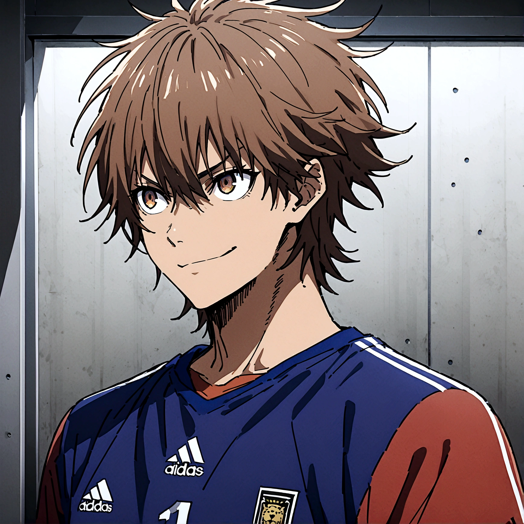 1boy, lion eyes, Vestindo a camisa da seleção da Espanha da Adidas, Sentado no centro do campo, brown eyes, fashionable hair, brown hair, red shirt, number 11, looking at the side, upperbody, messy hair, detailed eyes, {brown skin}, {smirk}, masterpiece, best quality, {{{long hair}}}